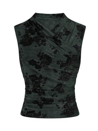 WDIRARA Womens Velvet Jacquard Floral Tank Top Wrap V Neck Ruched Sleeveless Blouse Vintage Tops Green and Black Small