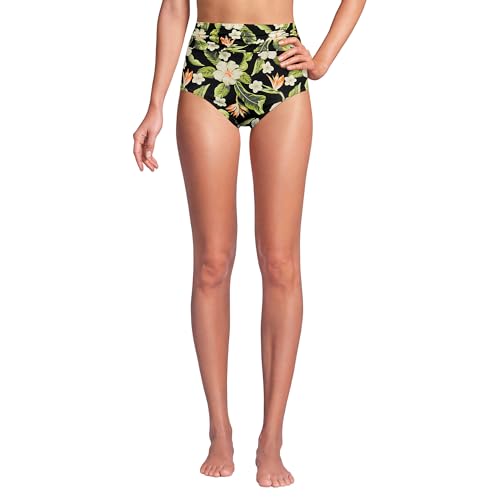 Lands' End Women's Ruched High Waisted Full Coverage Bikini Bottoms 6 Hibiscus Floral/Black