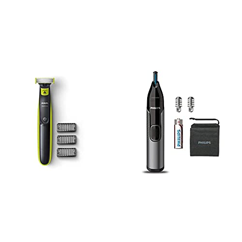 Image of Philips QP2525 /10 Cordless OneBlade Hybrid Trimmer and Shaver with 3 Trimming Combs (Lime Green) & Nose Trimmer Nt3650 /16, Cordless Nose, Ear & Eyebrow Trimmer,2 Eyebrow Combs, Pouch (Gray)