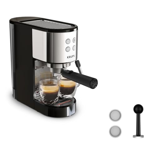 Krups Virtuoso Essential Espresso-Siebträgermaschine 15 bar Edelstahl-Applikationen schlankes Design Bedienfeld mit 4 Funktionen inkl. Barista-Zubehör Edelstahl XP441810