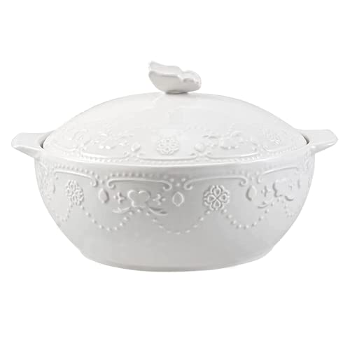 ceramic casserole pot - Casserole Dish with Lid 3 Quart Round Ceramic Bakeware with Cover, Lace Emboss Baking Dish Lasagna Pans Casserole Cookware Set for No Knead Bread, Sourdough Loaf, Soup Pot, Stew Pot