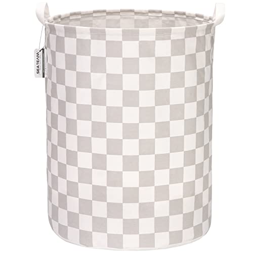 Sea Team Large Canvas Laundry Basket with Handles, Gray Grids