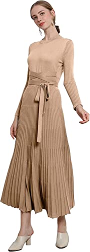 Image of Women's Long Sleeve Sweater Dress Ankle Length Fall Dress Vneck Knit Winter Dress