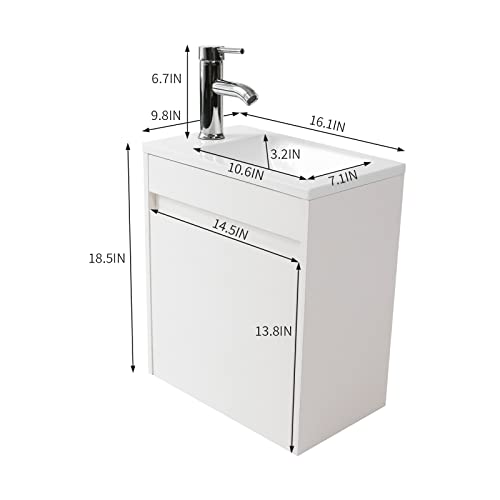 Wonline 16" Bathroom Vanity Set Wall Mounted For Small Space Fully Assembled Cabinet With Sink Combo Chrome Faucet White #TOP1
