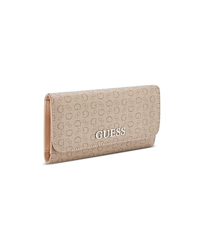 Image of Guess Taupe Printed Snap Button Abbas Slim Tri-Fold Wallet