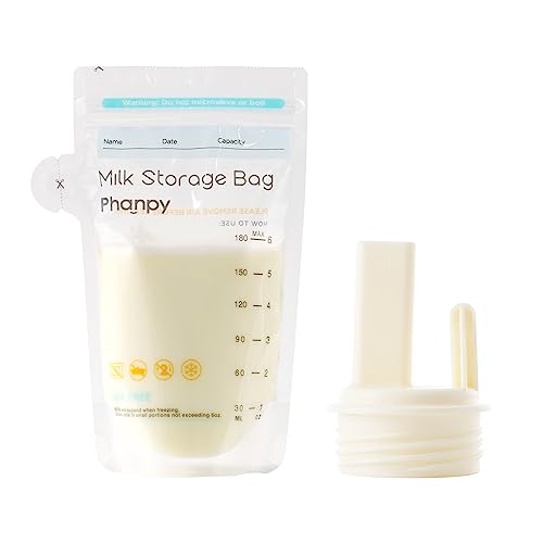 Image of Phanpy Breastmilk Storage Bags with Pump Adaptor, 100 pcs, 6 OZ Milk Storage Bags for Breastfeeding, No-Leak Milk Freezer Storage Pouches, Tear-Off Spout, Self Standing, Double Zipper Seal