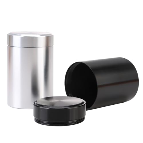 Wisesurf 2 Pcs Black & Silver Aluminum Storage Jar, 2 Pack 70 ml Small Portable Airtight Container Bottles Storage Jars, Vacuum Container Mini Metal Sealed Can for Tea Coffee Sugar Biscuits Spices