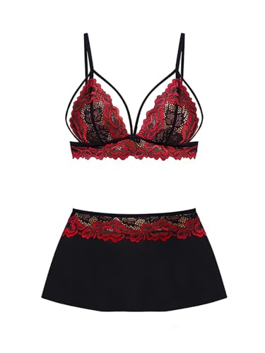Image of CRIPOM Sexy Lingerie for Women Lace Bralette, Mini Skirt with G-String