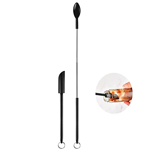 2 Pcs Mini Silicone Rubber Telescopic Spatula And Scooping Spoon, Heat-Resistant Small Household Cooking Silicone Spatula Set, Handle Size Adjustable, For Jar, Bottles, Cosmetics Makeup【Black】 #TOP30