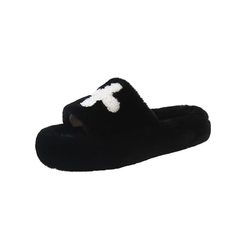 Gothic Fuzzy Slippers Women Indoor and Outdoor Grunge Punk Cross Platform Fluffy Slippers Soft Plush Goth Furry Slippers