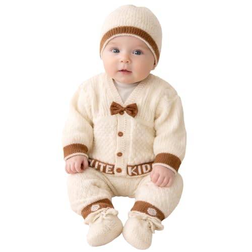 Image of Baby Unisex New Born Baby Boys Girls Soft Comfortable Trendy Woolen Round Neck Stripe Sweater Set with Payjami, Cap and Pair of Booties for Toddlers