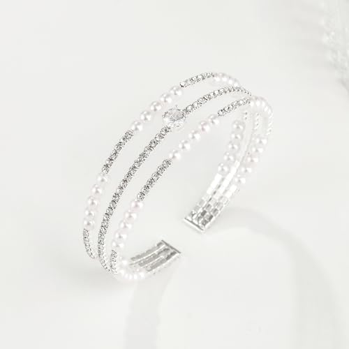 Sparkly Crystal Rhinestone 4 MM Faux Pearl Cubic Zirconia Adjustable Cuff Bracelet Bangle for Women Costume Jewelry4