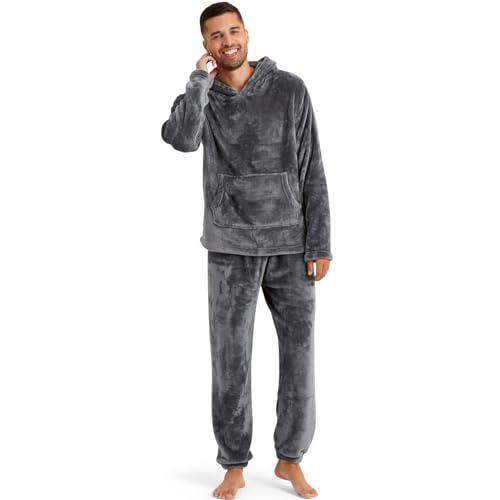 Mens Soft Fleece Hooded Pyjama Loungewear Set - Charcoal - L