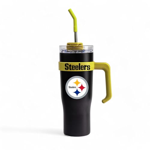 Image of The Memory Company Officially Licensed 46oz Team Color Slim Tumbler with Straw and Handle, Pittsburgh Steelers
