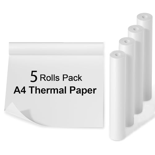 Papel Térmico A4 para Impresora Portátil – 5 Rollos (210×30 mm, 30 Hojas/Rollo) Sin BPA, Secado Rápido y Compatible con Impresoras Térmicas A4 Phomemo M08F, Liene y HPRT