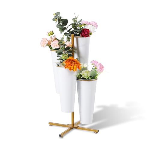 Ruifabo Flower Bar Stand with 4 Metal Buckets, 4 Tier Flower Display Stand, Rotatable Flower Cart Iron Plant Stand for Wedding or Florist Decor, Upgrade Metal Bucket Durable than Plastic Bucket by Ruifabo - Used condition - US$49.53