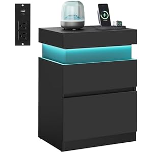 VASAGLE Kailyn Collection - Nightstand with Power Outlets, Sliding Lid, Modern Bedside Table with LED Lights, End Table, 2 Drawers, 15.7 x 18.9 x 26.8 Inches, Ink Black ULET650BC01S 1 PACK 1
