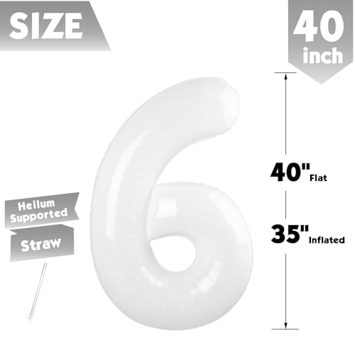 Image of 40 Inch White Number 6 Balloon Birthday Party Decorations for Men & Women | 40 Inch White inflatable foil number balloons, large birthday decorations for 6th birthday