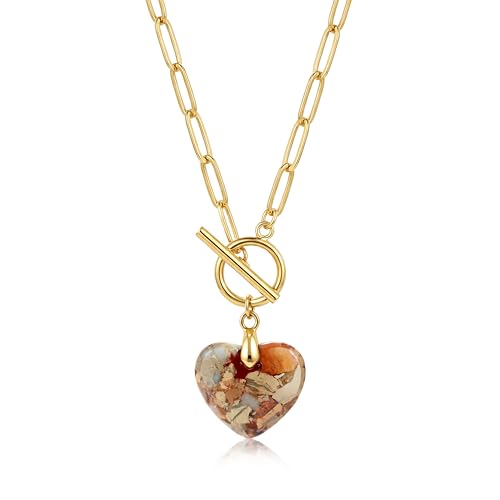 SKENUDY Puff Heart Healing Stone Necklace for Women, 14K Gold Plated Choker Paperclip Stainless Steel Chain, Khaki Natural Stone Boho Necklace Jewelry Gift for Women