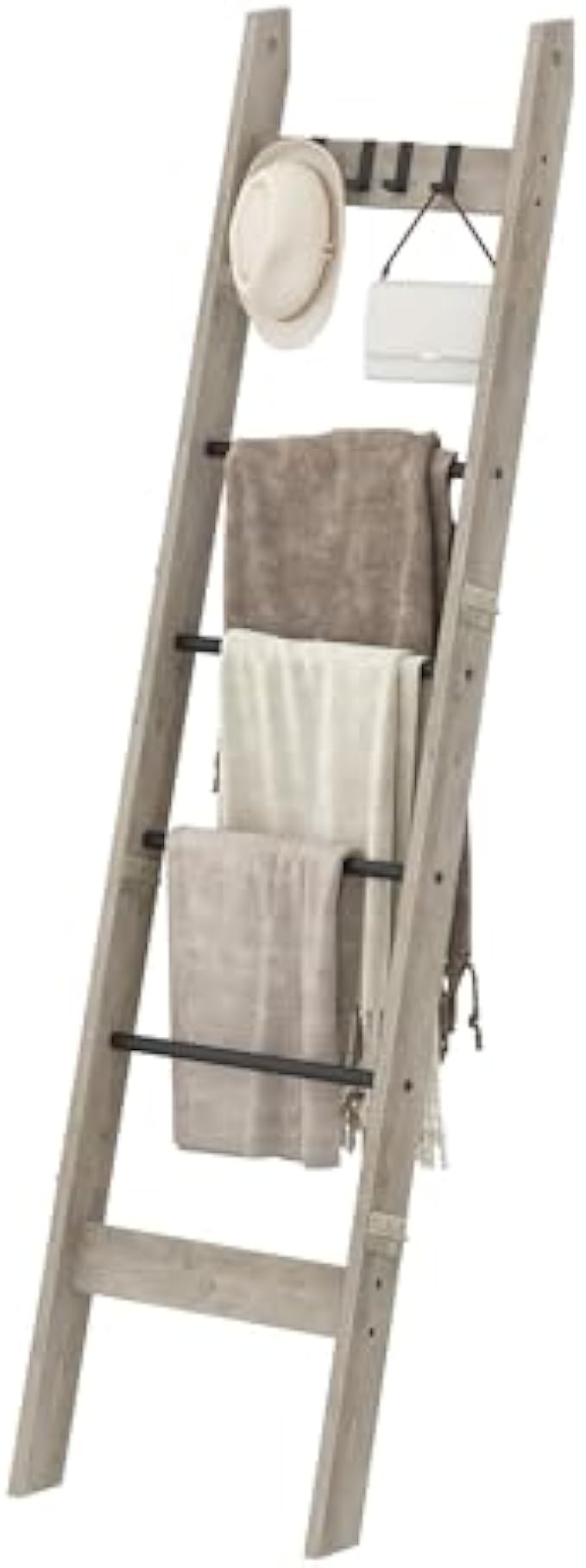 Blanket Ladder Shelf for Living Room, Decorative Wood Quilt Rack with 4 Removable Hooks, 6-Tier Farmhouse Ladder Holder Organizer for Bedroom, Rustic Brown and Black BR31501B