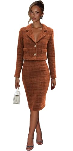 Women's Tweed Skirt Suit Long Sleeve Blazer and Pencil Skirt