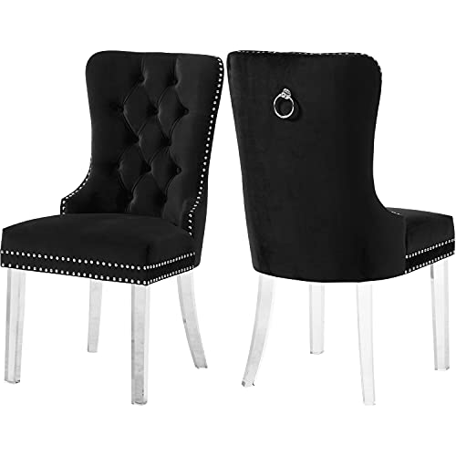 Meridian Furniture Miley Collection Modern | Contemporary Velvet Upholstered Dining Chair with Deep Button Tufting and Sturdy Acrylic Lucite Legs, Set of 2, Black, 21.5 W x 27 D x 40 H