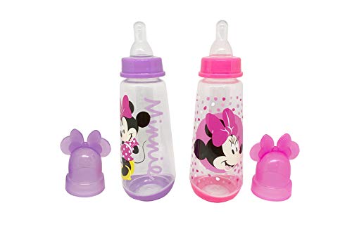 Disney Cudlie Minnie Mouse Baby Girl 2 Pack of 9 Oz Bottles with Removeable Character Molded Lid in Its Minnie Print