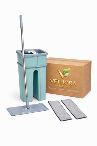 Image of Heavy Quality Floor Mop with Bucket, Flexible Kitchen Tap Flat Squeeze Cleaning Supplies, 360 Flexible Quiet, 2 Reusable Pads, Microfiber, with Adjustable Office Home Effective