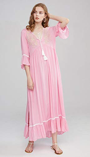 R.Vivimos Women's Autumn 3/4 Sleeves V Neck Embroidered Ruffles Midi Dress (Small, Pink)