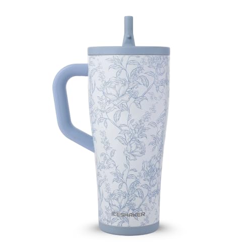 Image of Ice Shaker 32 oz Tumbler with Handle and Straw | 32oz Bleu Toile | Cold for 30+ Hours | 2-in-1 Tumbler Shaker Bottle | Odor-Free 32 ounce Bottle for Water, Protein Shakes, Smoothies, Cocktails
