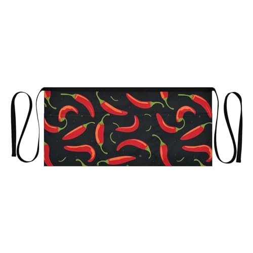 DOMIKING Red Chili Peppers Server Aprons with 3 Pockets Waitress Waiter Chef Apron Short Wasit Apron for Restaurant BBQ