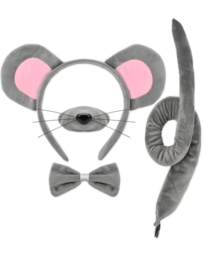 HODRME 4 Pieces Mouse Ears and Tail Set-Mouse Headband Tail Nose Bow Tie Cosplay Party Halloween Costume Accessories (Grey)