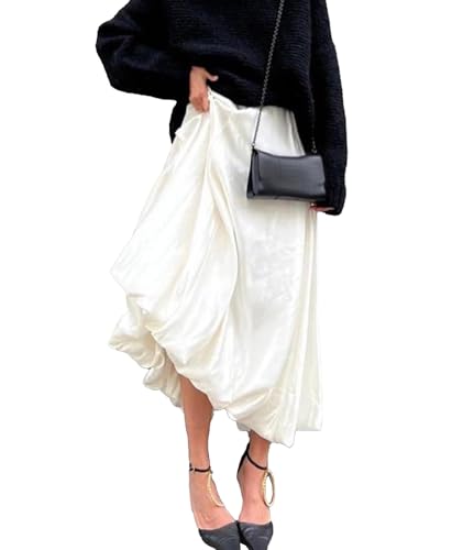 SOMTHRON Women's Bubble Satin Maxi Skirt Low Waist Ruffle Pleated A Line Puffy Summer Flowy Balloon Skirt