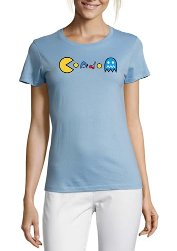 T-shirt bleu clair coton femme col rond vêtement d'été pastel imprimé