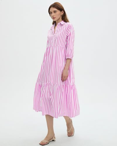Image of EZAPINE Womens Babydoll Striped Shirt Midi Dress Puff Long Sleeve Collared Button Tunic Flowy Swing Dresses
