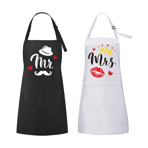 ROSEMO 2pcs Delantal de cocina para parejas Regalo de boda para novios par de delantales de cocina con bolsillos grandes regalo hombre mujer delantal de cocina negro para barbacoa tareas hogar Navidad