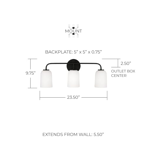 Image of HomePlace Lighting 148831MB-542 Lawson Transitional Soft White Glass Bell Vanity Light for Bathroom, 3-Light 300 Total Watts, 10 inch H x 24 inch W, Black