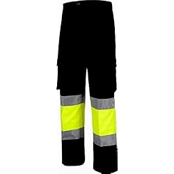 Cintas Pantalones De Trabajo WorkTeam Pantalón Trabajo con 2 Cintas de Alta Visibilidad y Reflectante, Refuerzos y Multibolsillos. EN471. Unisex Negro+Amarillo A.V. 42