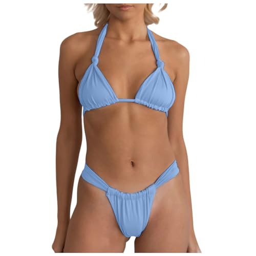 Bañador Cambia Color Agua Conjuntos de Bikini Sexy para Mujer Traje de baño de Tanga de Corte 2 Piezas Traje de baño Fruncido con Anudado Bikini Triangulo Estampado (Light Blue, XL)