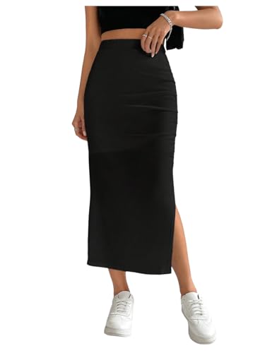 Verdusa Women's Split Thigh Ruched Pencil Skirt Asymmetrical Bodycon Midi Skirts