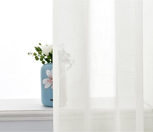 RNDRSSE Sheer Curtains Faux Linen Semi Voile Light Filtering Drapes Pair for Bedroom Living Room, Set of 2 Grommet Top Window Curtain Panels (54 x 84 Inch,White) - image 4