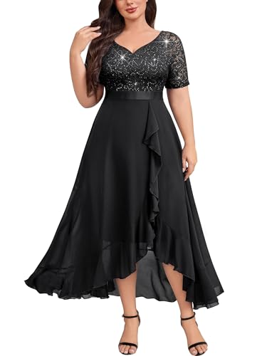 Image of Knitee Women's Plus Size Sequin Lace Sweetheart Neck Ruffled Hemline Formal Evening Maxi Dresses
