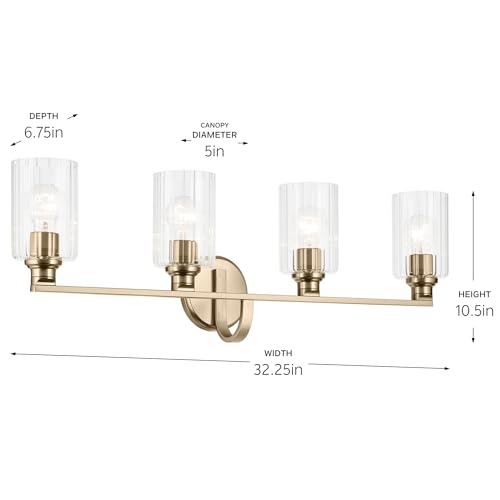 Image of Kichler Gioe 32.25 in 4-Light Bathroom Vanity Light Fixture with Clear Fluted Glass in Champagne Bronze, Damp Rated for Mirror, Powder Room (32.25 in W x 10.5 in H), 55227CPZFLU