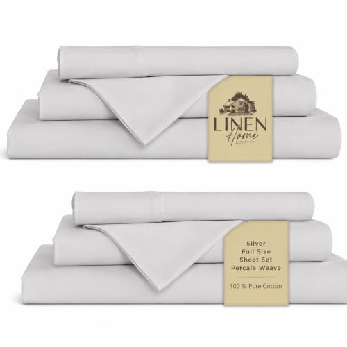 Image of Linen Home 2-Pack Full Sheet Set, 100% Cotton Percale Bedding, 8-Piece Value Bundle, Deep Pocket Cooling Bed Sheets for Hot Sleepers, Breathable & Crisp Hotel Quality, Long-Staple Cotton, Silver