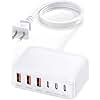 USB C Charger Block, 100W GaN 6 Port PD USB C QC USB A Wall Charger Adapter Plug Cube, Super Fast Type C Charging Station Hub for iPhone 16 15 14 13 12 Pro Max iPad Samsung Pixel 5ft Extension Cord