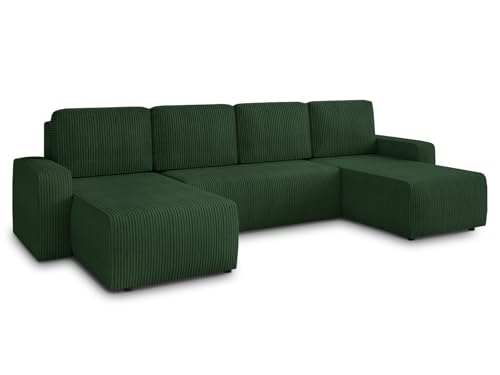 Sofnet Wohnlandschaft mit Schlaffunktion Roma - U-Form Couch, Schlafsofa mit Bettkasten, Couchgranitur mit Bettfunktion, Big Sofa, Cord Stoff (Grün (Poso 014))