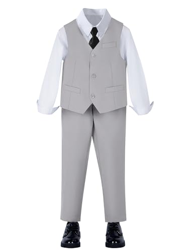 Image of YuanLu Toddler Boys Formal Suits Set,Vest Pants Dress Shirt and Tie for Kids Boy Wedding Ring Bearer Oufit