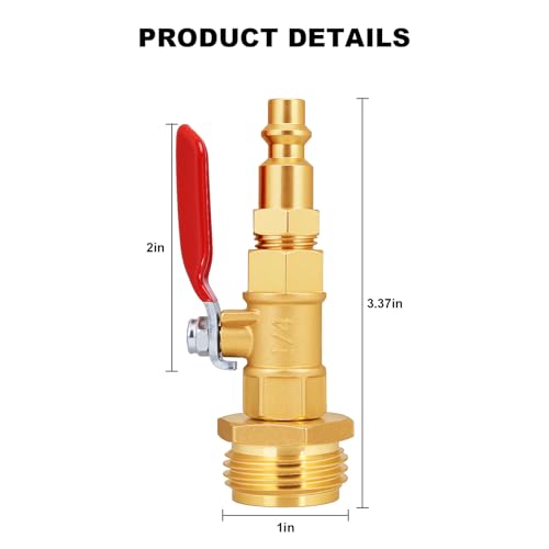 Image of SIGURANTA RV Winterize /Winterization Blowout Adapter - Brass with Ball Valve, 1 /4 inch Male Quick Connect to 3 /4 inch Male GHT Garden Hose Thread