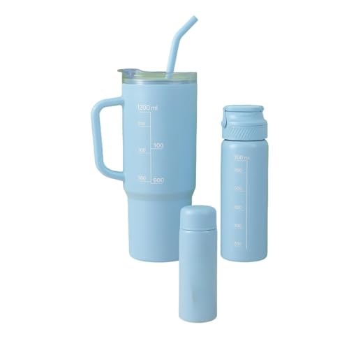 Image of Large Handle Water Bottle with Straw for Desk, Office, Travel - 1200 /900 /300 ML Gradient & Matte Hydration Bottle Set (Sky Blue)