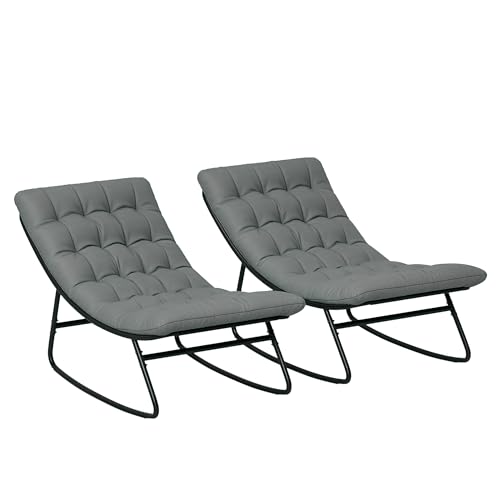 Outsunny Lot de 2 fauteuils à Bascule extérieur, chaises à Bascule avec Coussins épais, siège Tissu textilène Respirant et Cadre en Acier, Rocking Chair extérieur, Jardin, terrasse, Patio, Gris foncé